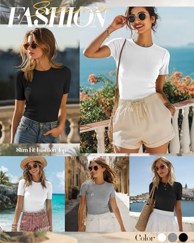 Ficerd 3 Pack Women's Ribbed Short Sleeve T-Shirts