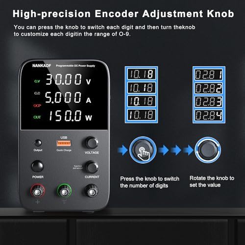 DC Power Supply Variable, Bench Power Supply with Encoder Adjustment Knob, Output Enable/Disable Button, Adjustable Power Supplies with USB Quick-Charge, Short Circuit Alam (30V 5A Black)