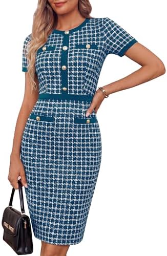 GRACE KARIN Women Work Business Short Sleeve Bodycon Tweed Dress