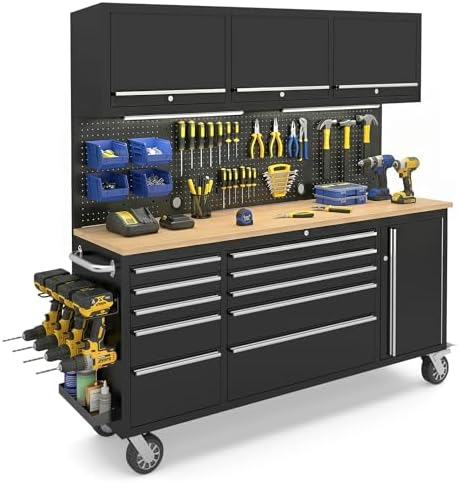 72” Rolling Tool Chest, Garage Cabinets Workbench with 10 Storage Drawers and Wheels, 3 Upper Cabinet, Pegboard, Light Strip, Steel Large Tool Box