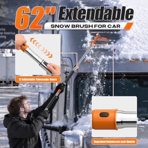 62" Long 3‑in‑1 Car Snow Brush, Ice Scraper With Squeegee for Truck SUV Car