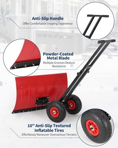 GarveeTech 29x19.8 in Rolling Snow Shovel on Wheels, Metal Snow Pusher