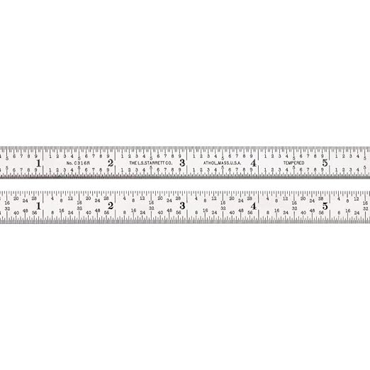 Starrett Full Flexible Steel Rule with Satin Chrome Finish, Quick Reading, and Inch Graduation - 16R Graduation, 6" Length, 1/64" Thickness - C316R-6