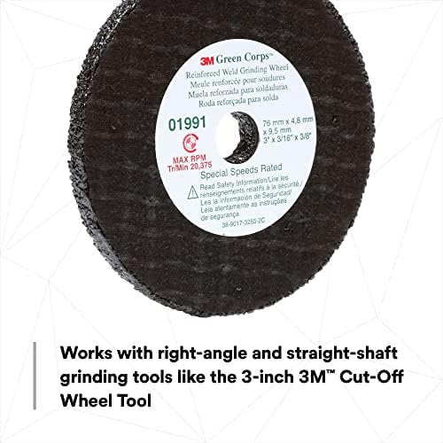 3M Green Corps Reinforced Weld Grinding Wheel 01991, 3 in, .22" x 3/8" 5 Pack Heavy Duty, Resin Bonded, Long Lasting Wheel for Fast Cut, Auto Body