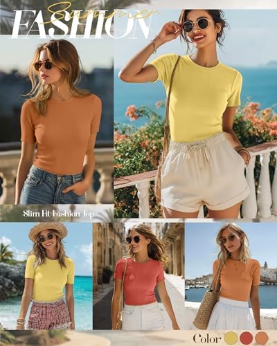 Ficerd 3 Pack Women's Ribbed Short Sleeve T-Shirts