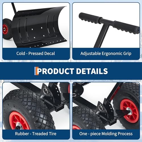 GarveeHome Snow Shovel with Wheels for Driveway, Heavy Duty Push Snow Plow Shovel with Large 29 in x 16.5 in Adjustable Handle, Angled Blade, Efficient Snow Removal for Pavement
