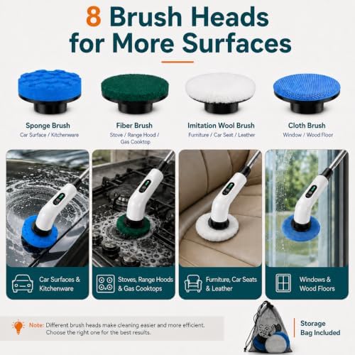 PPLEE Electric Spin Scrubber, Cordless Spin Scrubber, 3 Speeds, Long Handle
