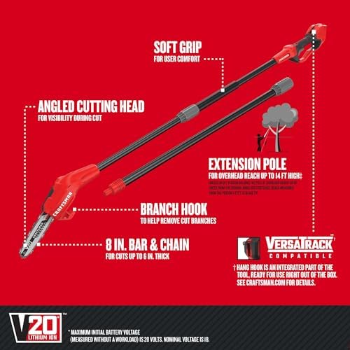 CRAFTSMAN Pole Saw, Pole Saws for Tree Trimming, Cordless V20 Tool-Only Tree Trimmer, Up to 14 Ft Extended Reach (CMCCSP20B)