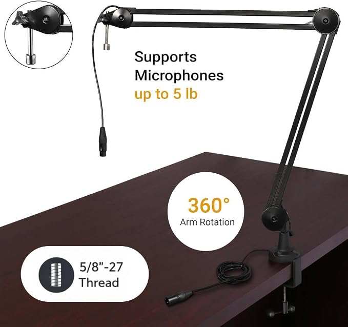 Two-Section Broadcast Microphone Boom Arm with Internal Springs Integrated XLR Cable, 40" Reach Desk Clamp, 360° Rotation, C-Clamp Mount and 14" Riser for Podcast Streaming Recording