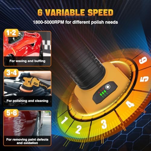 VERVEWAVE Cordless Buffer Polisher Kit for Dewalt 20V Battery (No Battery), 6-Inch Orbital Car Polisher Variable Speed 1800—5500 RPM, 17PCS Polishing Accessories, for Car Polishing/Waxing (Tool Only)