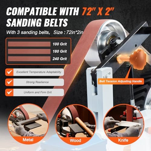 VEVOR Belt Grinder Sander, 72 x 2-Inch Variable Speed Belt Polisher with VFD, 1500W 2HP Polishing Grinding Machine with 3 Grinding Moulds & 3PCS Sanding Belts for Metalworking, Knife Making