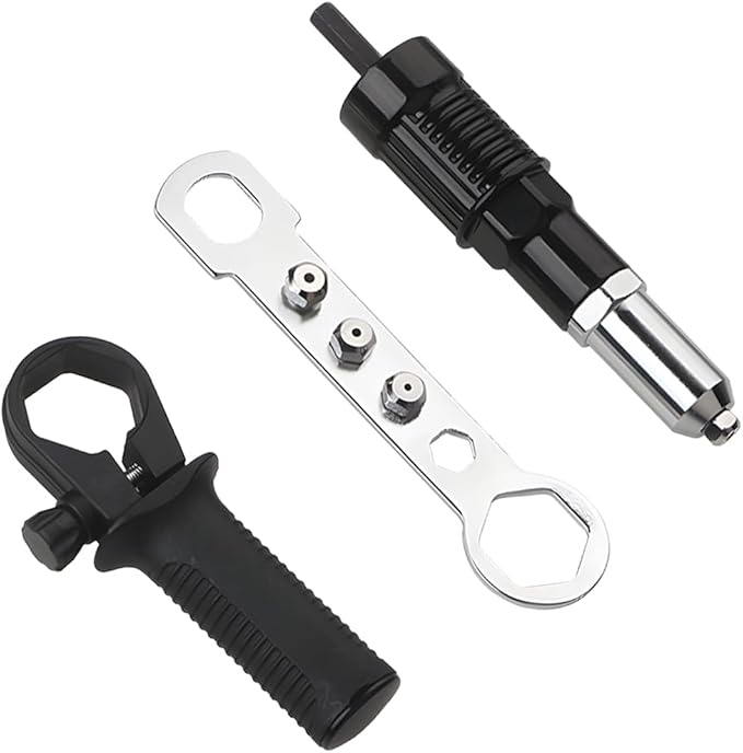Car Pop Rivet Gun Adapter, Vehicle Cordless Riveter Drill Adapter Kit with 4 Rivet Heads 2.4 3.2 4.0 4.8mm, Auto Electric Rivet Nut Gun Riveting Tool, Universal for SUV Sedan Truck