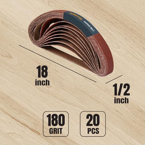 POWERTEC 1/2 x 18 Inch Sanding Belts, 20PK, 180 Grit Aluminum Oxide Belt Sander Sanding Belts for Air File Belt Sander, Woodworking, Knife Sharpening, Metal Polishing (401818)