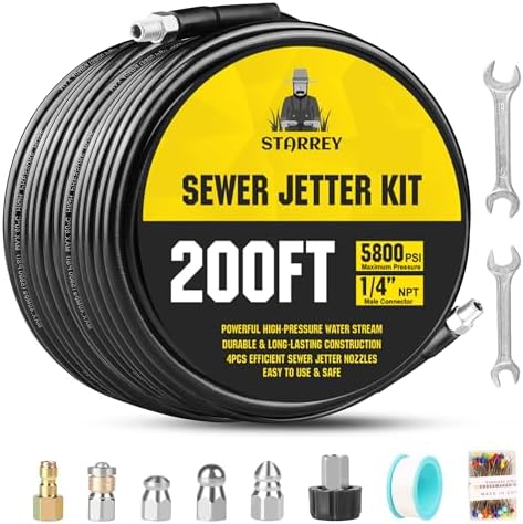 Pressure Washer Drain Jetter – Sewer Jetter Kit for Pressure Washer 200ft 1/4 Inch NPT Hose Nozzles and Adapter 5800PSI Clears Clogs in Pipes & Sewer Lines