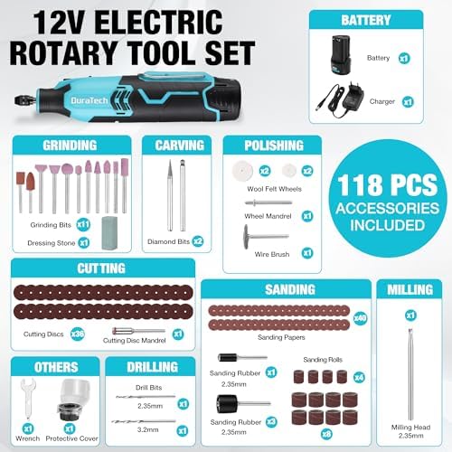 DURATECH 12V Cordless Rotary Tool Kit with 118PCS Accessories