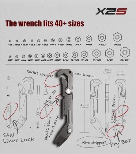 PICHI X2S Titanium Multitool Clip 6-In-One Pocket EDC Multitools Wrench Pry Bar Crowbar Screwdriver Pocket Knife Bottle Opener for Camping Hiking Gift for Men Father with 1 Holster with Pocket Clip