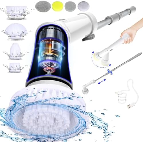 UBeesize Electric Spin Scrubber,Long Cordless Cleaning Brush,Rotatable Shower Scrubber with 8 Replaceable Heads,Adjustable Detachable Handle Bathroom Scrubber for Bathtub,Tile,Floor and Car Cleaning