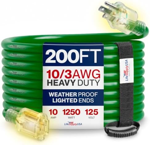 200ft Outdoor/Indoor Extension Cord 10/3 Gauge Ultra Heavy Duty 3 Prong SJTW, Waterproof, Flexible Cold-Resistant Long Power Cord,10A 125V 1250W, Green by LifeSupplyUSA