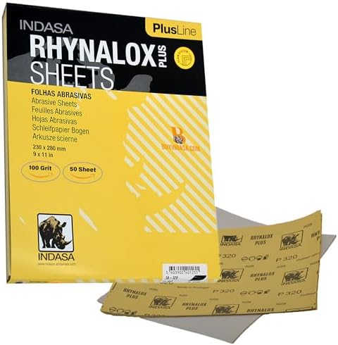 Indasa 50 PCS 9x11 Sandpaper Rhynalox Plusline - 100 Grit Dry Sanding Sheets, Professional-Grade Abrasive for Wood, Metal, Automotive, and Paint Finishing - Durable, Clog-Resistant Sand Paper