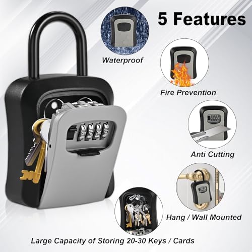 L Large Key Lock Box, 4.5”x3.7”x1.5” Waterproof Kirsite Lockbox | Combination Lockbox for Keys Outdoor, Portable Key Lock Box Wall Mount with Code (L Size, Gray)