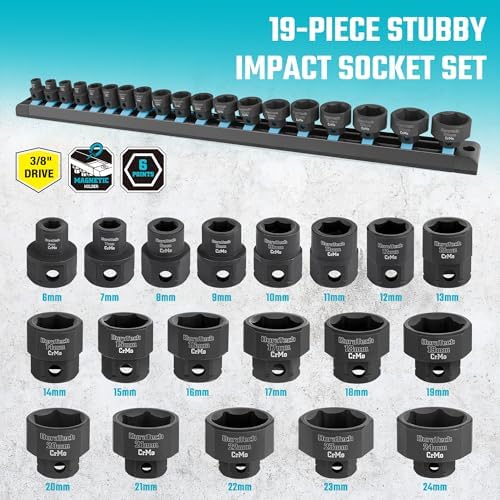 DURATECH 19-Piece 3/8" Drive Stubby Impact Socket Set for Narrow Spaces | 6mm-24mm, Metric, Cr-Mo Steel, Size Markings, Organized in Magnetic Storage Rail, for Tight Spaces, Automotive Repairs