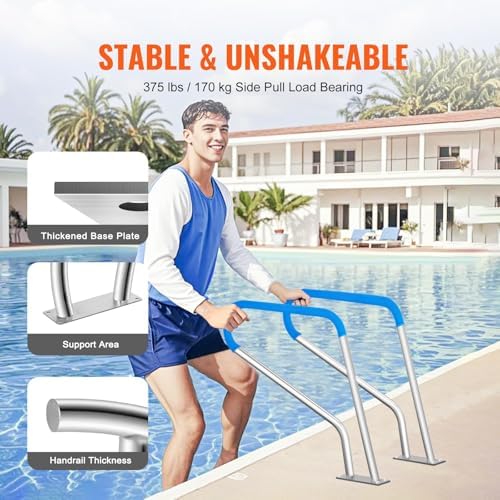 VEVOR Pool Handrail, 39 x 32 inch Pool Railing, Stainless Steel with Base Plate for Indoor/Outdoor Pools,Swimming Pool Safety Railing for Decks,Rust-Proof Grab Bar w/Grip Cover&Accessories for Spas
