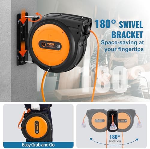 VEVOR Retractable Extension Cord Reel, 75 FT, Heavy Duty 14AWG/3C SJTOW Retractable Power Cord with Lighted Triple Tap Outlet, 13 Amp Circuit Breaker 180° Swivel Bracket for Ceiling or Wall Mount