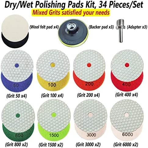 4 Inch Dry Diamond Polishing Pads Set - 1 Box of 34 Piece Dry/Wet Granite Sanding Pad for Bufffing Marble Quartz Concrete Stone Tiles Used for Grinder Polisher Drill