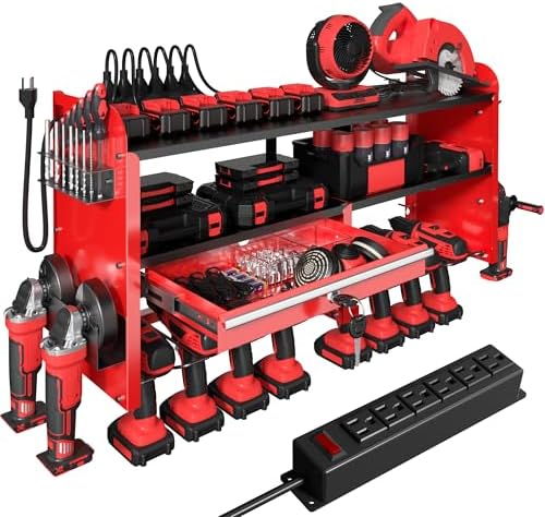 KSVO Power Tool Organizer Wall Mount, Locking Drawers, Charging Shelf, Red
