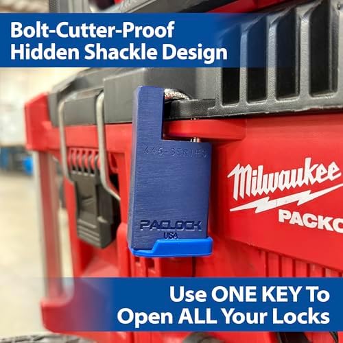 PACLOCK's UCS-446A Shrouded Single Post Padlock for Pelican® Storm Cases & Milwaukee® PACKOUT™, Slim Shoulder for Limited Rotation, Prevents Cutting Attempts, Blue, 2 Keys, Keyed Different