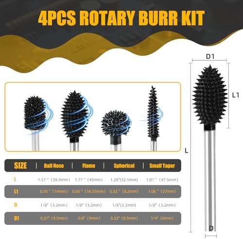 CAELUM Carbide Rotary Burr Set4 Pcs, 1/8" Coarse, for Dremel Rotary Tools