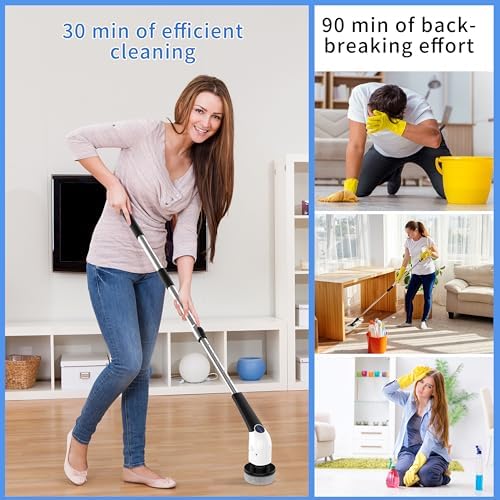 Electric Spin Scrubber, Cordless Voice Prompt Shower Scrubber with 8 Replaceable Brush Heads, 3 Adjustable Speeds, Long Handle for Bathroom Floor and Tile