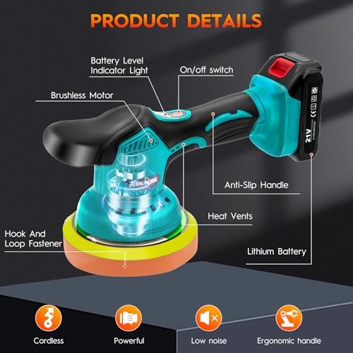 Cordless Car Buffer Polisher Kit with 2x21V Batteries, 6 Inch Car Polisher with 8 Variable Speed Max 6000RPM & 21 PCS Attachments, Buffer Polisher for Car Detailing, Sanding, Scratch Removing