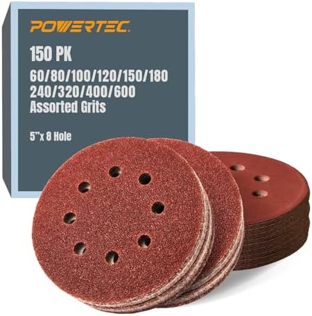 POWERTEC 150PK, 60/80/100/120/150/180/240/320/400/600 Grits, 5 Inch 8 Hole Hook and Loop Sanding Discs, Aluminum Oxide Woodworking Sanding Pads for Random Orbital, Palm, Air & Pneumatic Sander (45054)