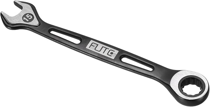 HARFINGTON Ratcheting Combination Wrench 15mm Stubby Wrench Metric High Carbon Steel Double 12-Point Box Open-Ended Ratchet Spanner Tool for Household Garage Workshop Auto Repairs, Black