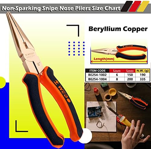 WEDO Non-Sparking Needle Nose Pliers 6", Precision Long Nose Pliers, Snipe Nose Pliers with Wire Cutters, Non-Magnetic, DIN Standard, BAM & FM Certificate, Beryllium Copper