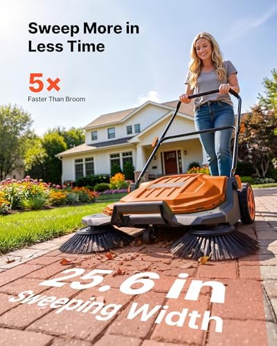 VEVOR Walk-Behind Hand Push Floor Sweeper, Manual Floor Sweeper Non-Electric with 25.6" Sweeping Width, 5 Gallons Waste Container & Adjustable Folding Handle for Yards Walkways Patios Garages - Orange