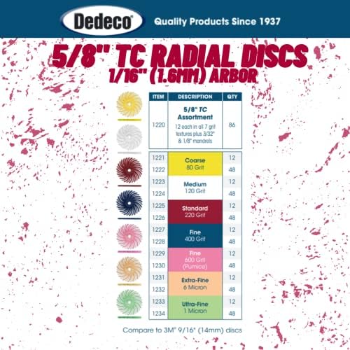 Dedeco Sunburst Radial Bristle Discs 48-Pack - 5/8" Curved - Red 220 Grit (Standard) - Aluminum Oxide for Polishing & Finishing