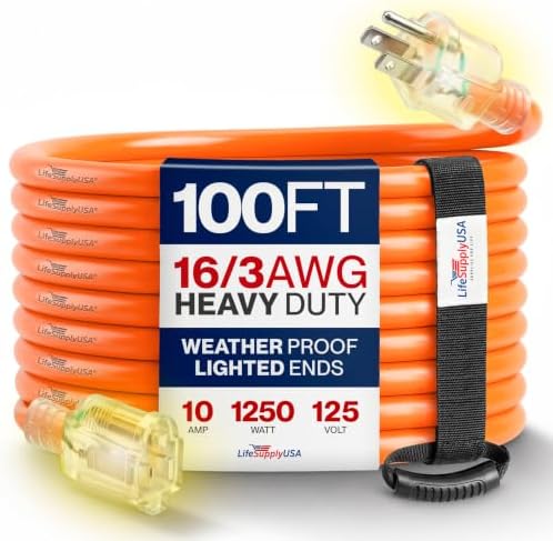 100ft Outdoor/Indoor Extension Cord 16/3 Gauge Heavy Duty 3 Prong SJTW, Waterproof, Flexible Cold-Resistant Long Power Cord,10A 125V 1250W, Orange by LifeSupplyUSA