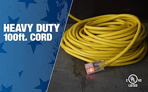Southwire Outdoor Extension Cord – Durable Vinyl Jacket for For Farm, Ranch & Workshop - Lighted End With Reinforced Blades - SJTW, Yellow - 12 Gauge, 3 Prong - 100 Feet