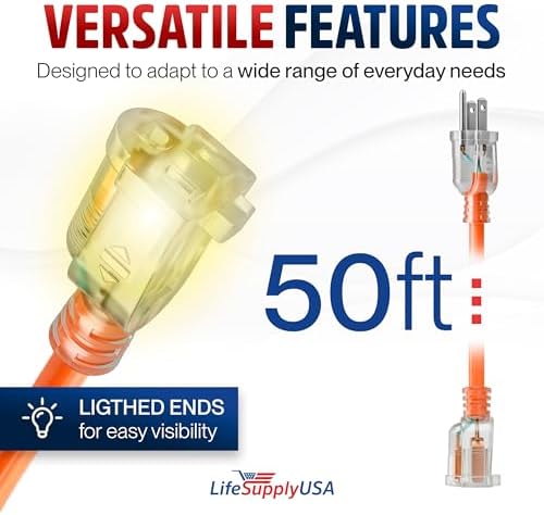 50ft Outdoor/Indoor Extension Cord 10/3 Gauge Ultra Heavy Duty 3 Prong SJTW, Waterproof, Flexible Cold-Resistant Long Power Cord,15A 125V 1875W, Orange by LifeSupplyUSA
