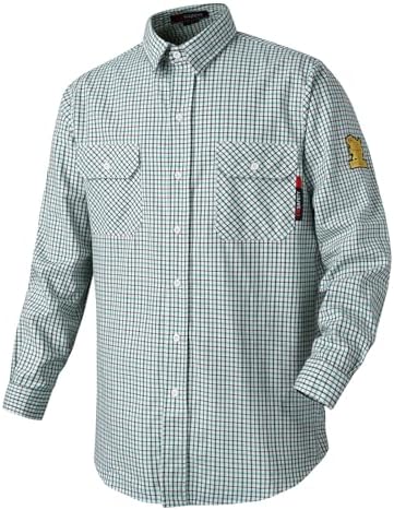 FR Shirts for Men 7oz Fire Resistant Shirts CAT2 Welding Shirt 100% Cotton Flame Resistant Shirt Greens/Plaid(Small)