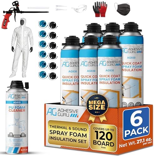 QuickCoat Closed Cell Spray Foam Insulation Kit for Wall–6x32.8oz(930g) Covers 120 Board Ft–DIY Expanding Sealant Set, Insulates Heat&Sound, Fills Gaps&Cracks–6 Foam Cans, Cleaner, Gun&Safety Gear