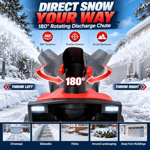 20-Inch Corded Electric Snow Thrower, 15 Amp Corded Snow Blower with Dual LED Lights, 180° Rotating Chute, 30 FT Throw Distance, 10-Inch Clearing Depth for Driveways, Walkways & Patios