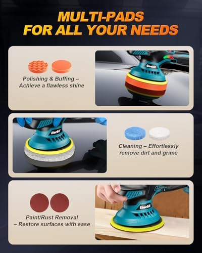 Cordless Car Buffer Polisher Kit, 6" Dual Action Random Orbital Polisher, 6 Variable Speed (1600–5500 RPM) 2×21V 2000mAh Rechargeable Batteries, 13 PCS Polishing & Waxing Attachments for Car Detailing