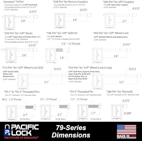 PACLOCK's 79-Series Universal Trailer Lock, High Security Rotating Disc, Exclusive Key Number, 196" Pin for 1UP® Add-On, U-Pick! Keyed Alike w/ 1 Key, Black