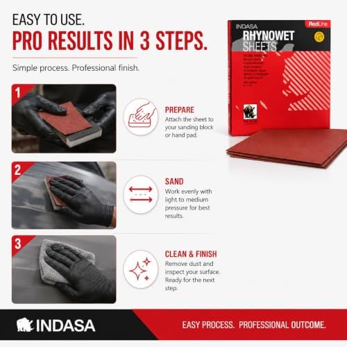 INDASA Rhynowet Red Line Wet Dry Sanding Sheets 9 x 11 Inch 1200 Grit Waterproof Latex Backing Abrasive Paper for Wood Metal Automotive Surface Prep Pack of 50