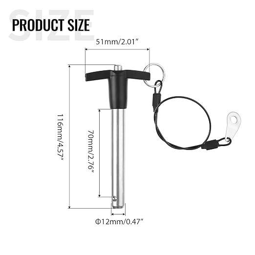 2 Pack T Handle Quick Release Pin 0.47 Inch Diameter,304 Stainless Steel Ball Locking Pin with Push Button Lanyard Usable Length 2.76"(12mm x 70mm)