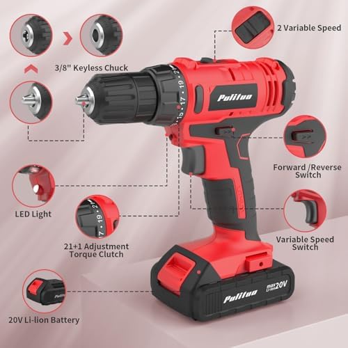 PULITUO 20V Cordless Drill Set, 2 Batteries Electric Screwdriver, 30Nm Power Drill Driver, 21+1 Torque, 2 Speed, 3/8"Keyless Chuck, power Drill with LED Light, Drill Driver Kit for Home (Red)
