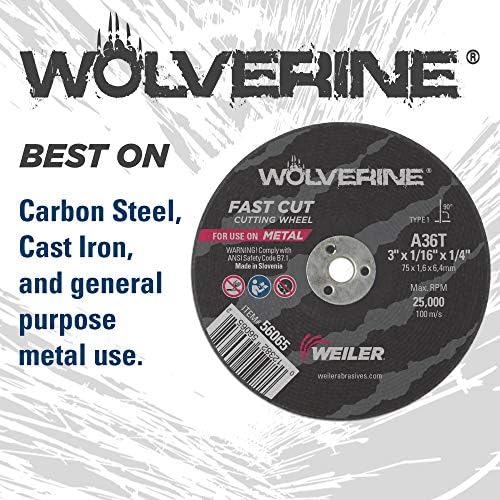 Weiler 56065 3-Inch Cutting Wheel, Wolverine AO Steel/Metal Fast Cut, Value Cutting, 1/16" A36T Type 1 1/4" Arbor (Pack of 100)